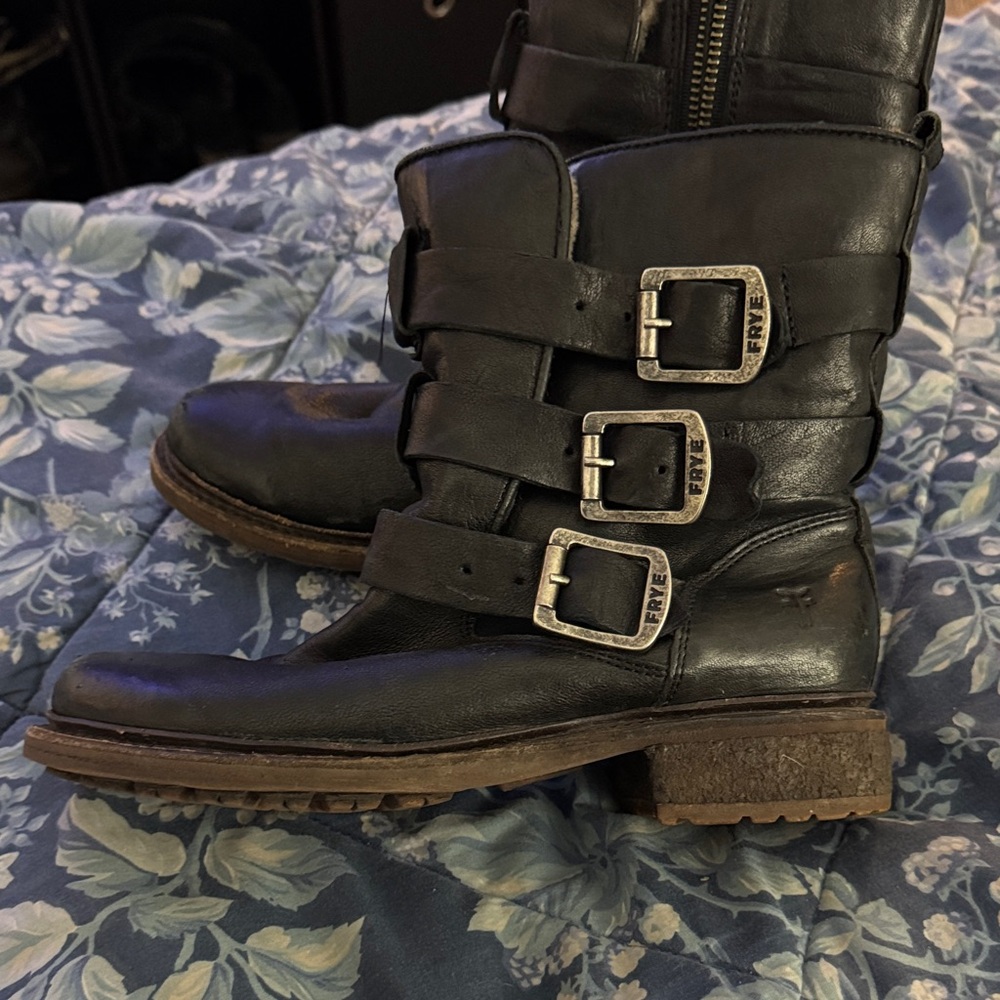 Frye Black Leather Shearling Moto Boots
